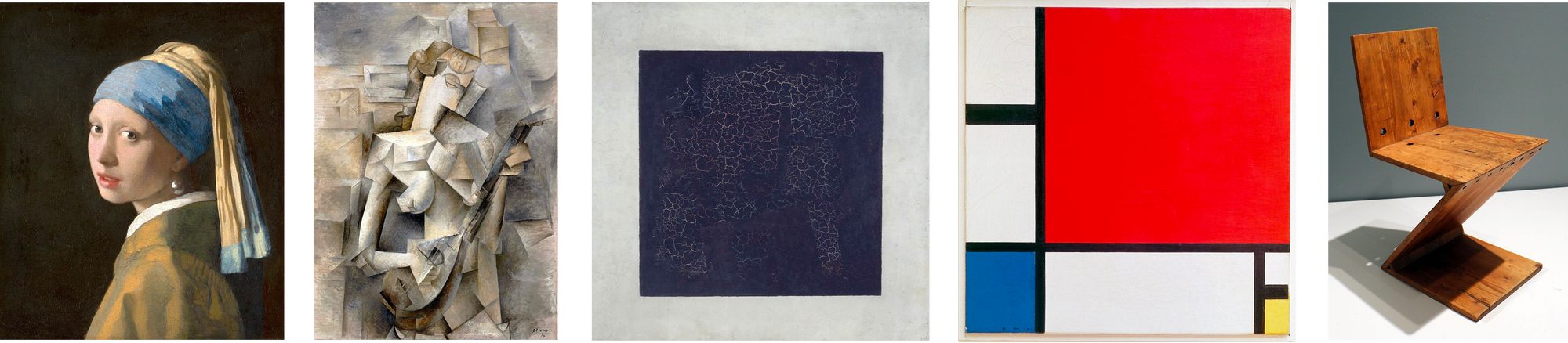 5 afbeeldingen in een horizontale rij. 1: een schilderij van een jong blank meisje, en profil in linkerrichting. Ze draagt een blauw met gele tulband, haar gezicht lichtjes naar de camera gedraaid. Ze draagt een kleine parel in haar linker-oor. 2: een cubistische weergave van een vrouw die een mandoline bespeelt. 3: een zwart vlak omlijnd door een wit vlak in de ratio 1:3. 4: Een grid met meerdere vierkanten in verscheidene groottes. 3 zijn gekleurd: rechtsboven (rood), rechtsonder (geel) en linksonder (blauw). De anderen zijn wit, en elk vierkant is gescheiden van het andere door een dikke zwarte lijn. 5: een houten stoel samengesteld uit 4 vierkante platen die aan elkaar bevestigd zijn zodat 1 platte de "voet" vormt, 1 platte het zitvlak, 1 staande de rugleuning, en 1 verbindt het zitvlak en voet.